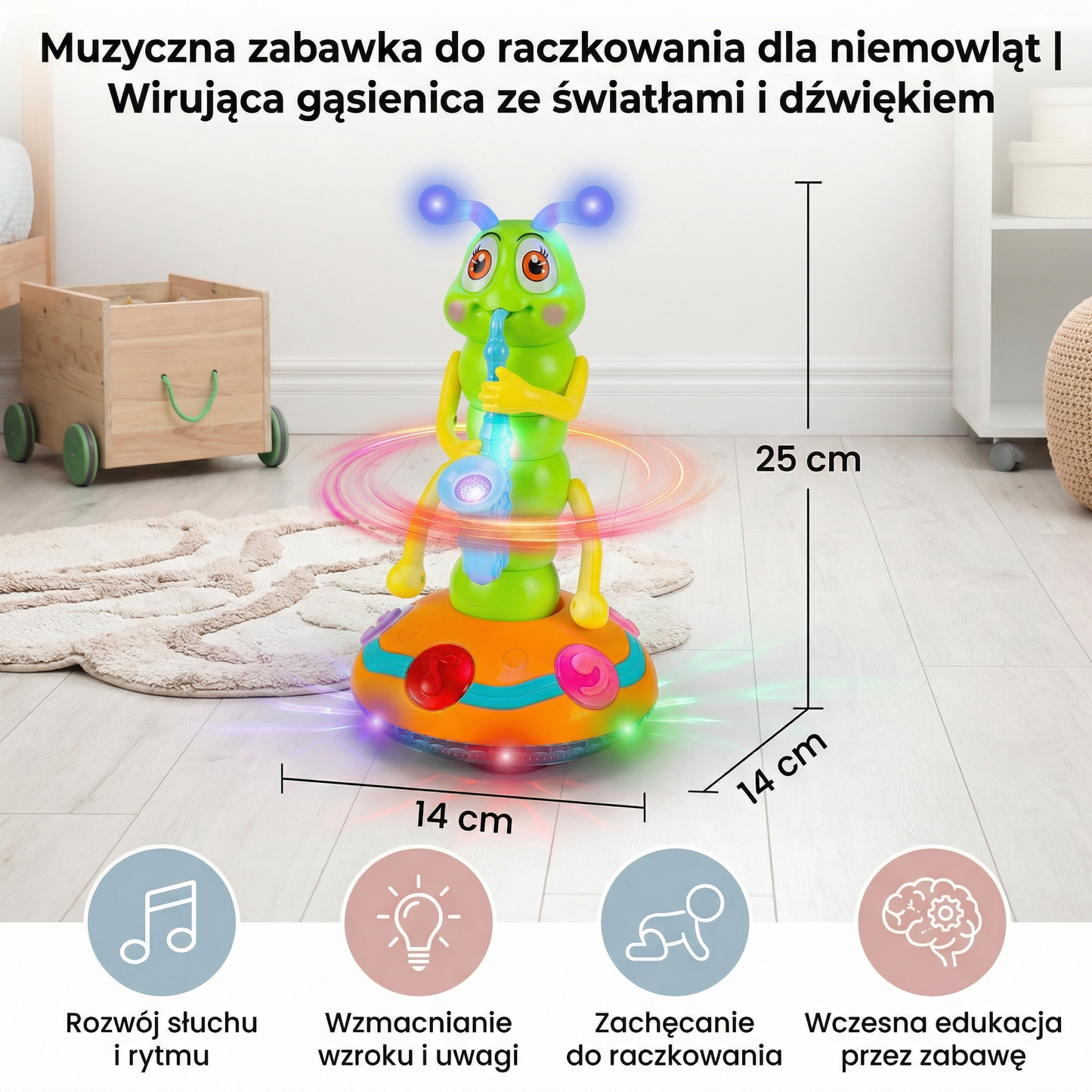 Muzyczna zabawka do raczkowania dla niemowląt | Wirująca gąsienica ze światłami i dźwiękiem do wczesnej nauki i zabawy w ruchu