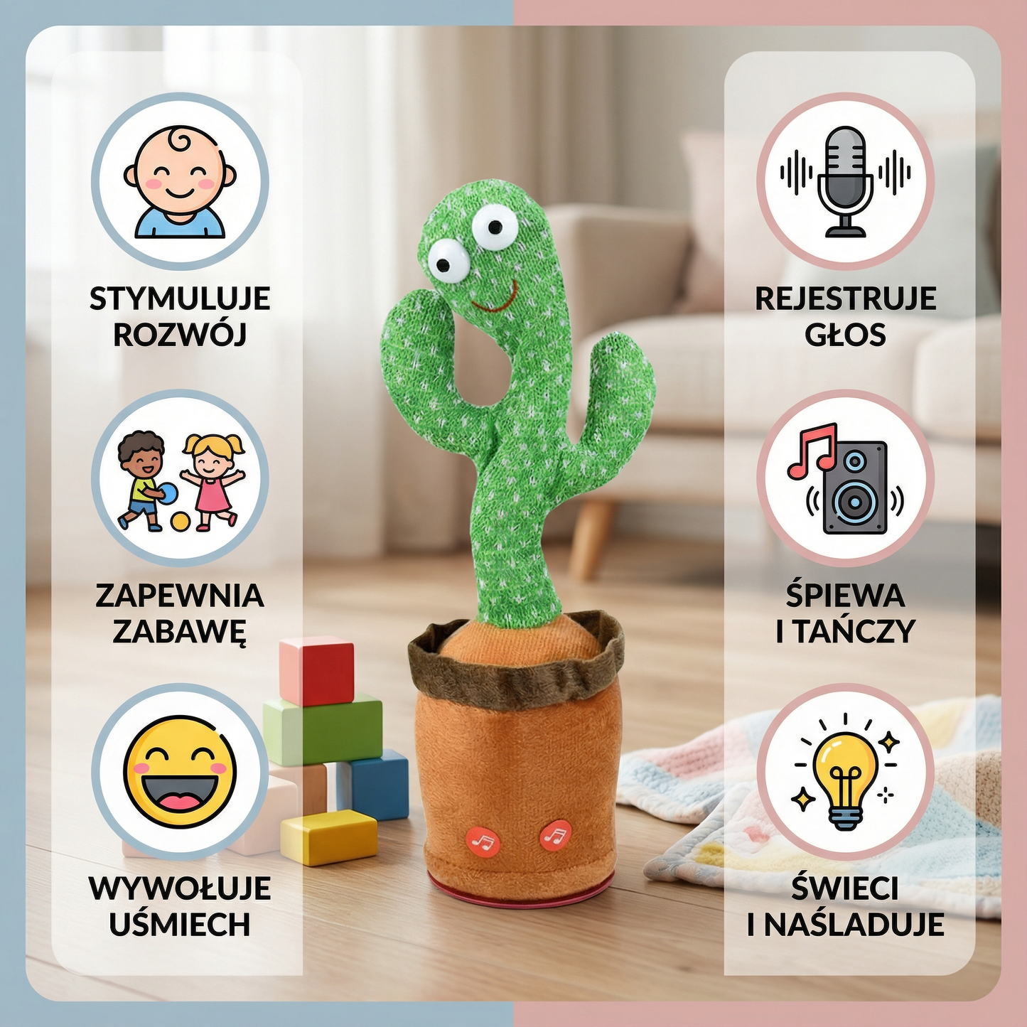 Tańczący kaktus dla dzieci | Śpiewający pluszak ze światłami i mimiką głosu do interaktywnej zabawy muzycznej
